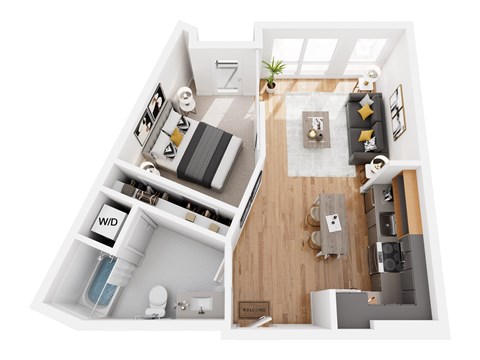 Floor plan for 1 bed, 1 bath, 598 sqft